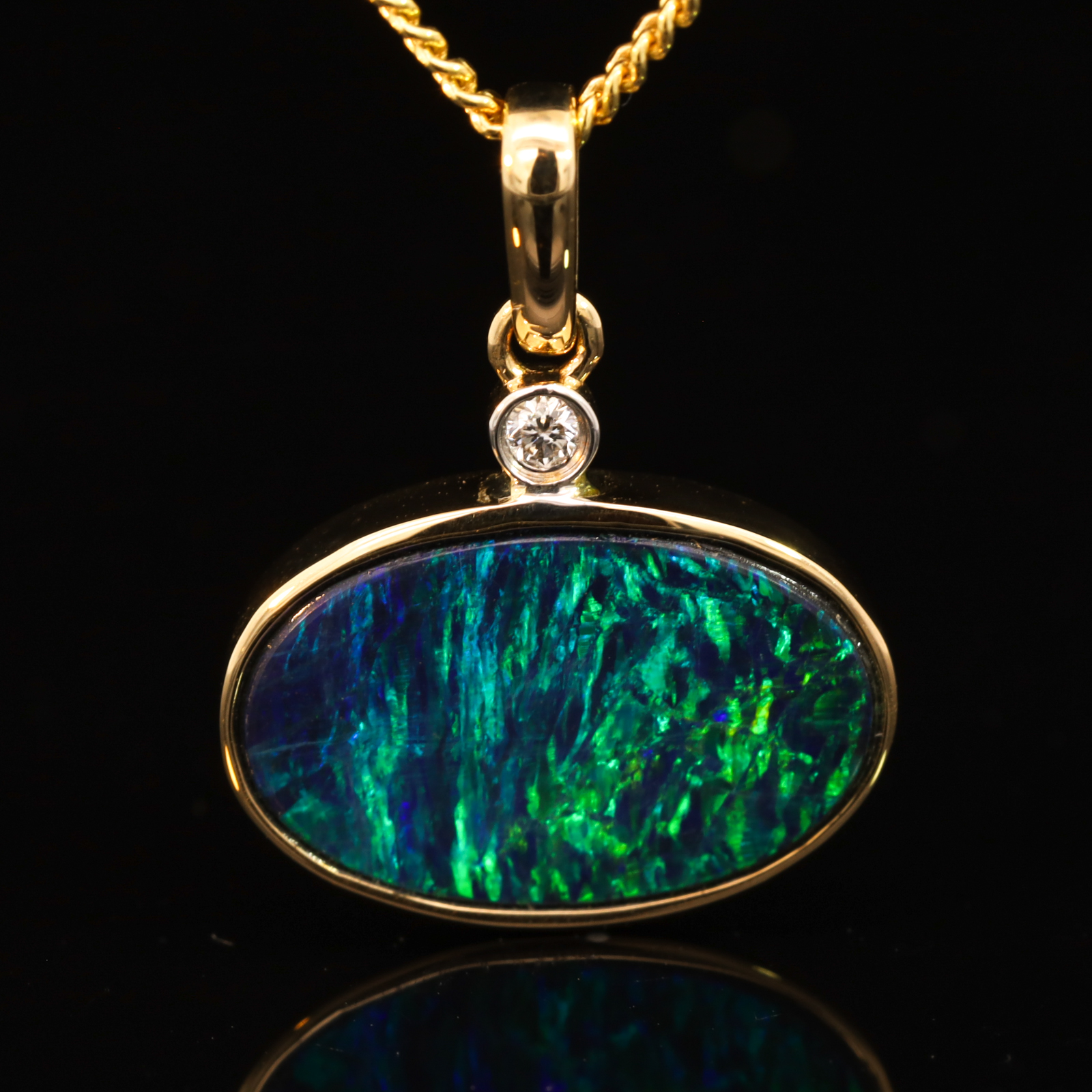 Yellow Gold Blue Green Doublet Opal and Diamond Pendant