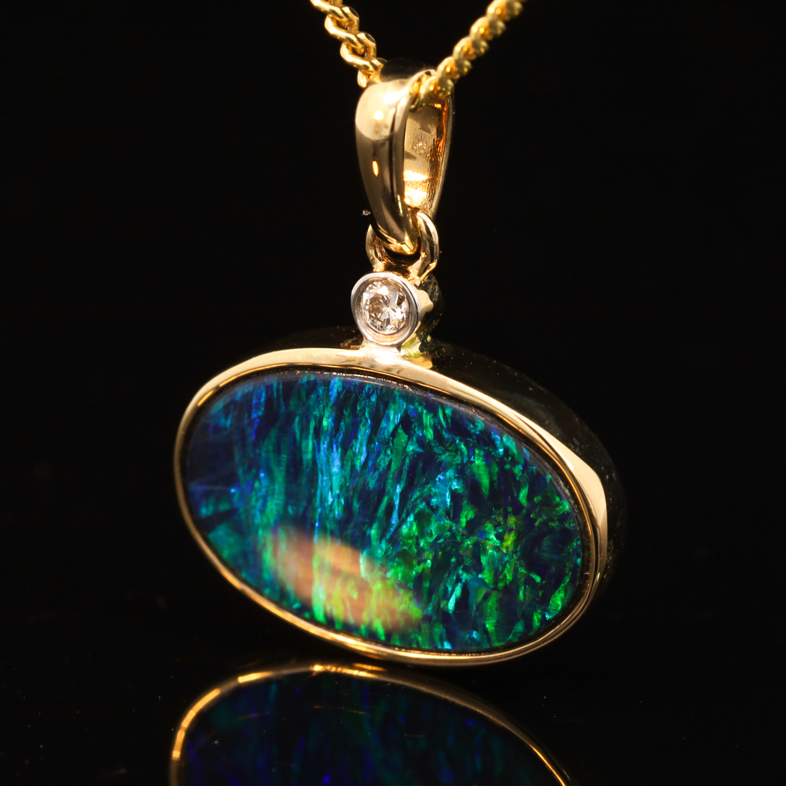 Yellow Gold Blue Green Doublet Opal and Diamond Pendant