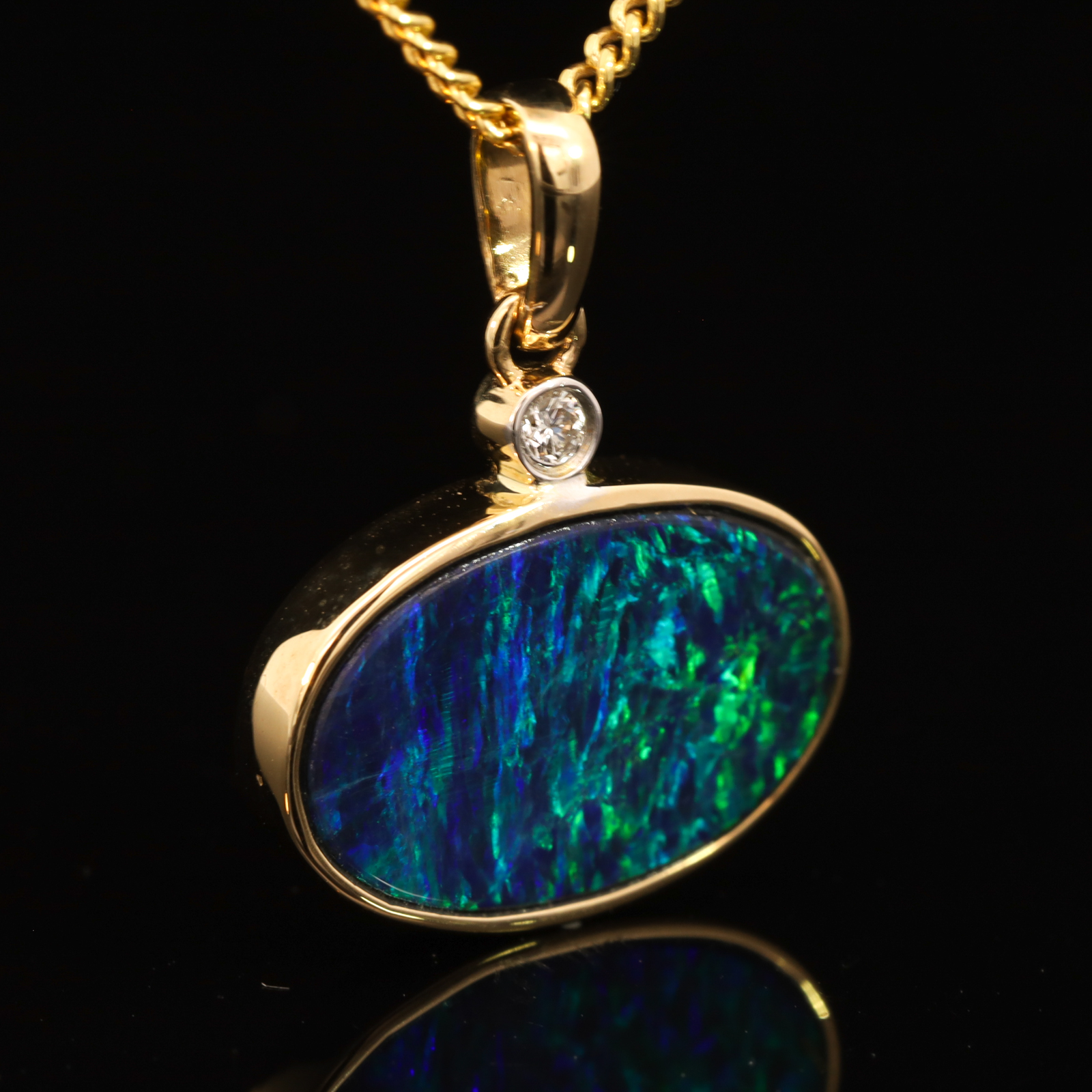 Yellow Gold Blue Green Doublet Opal and Diamond Pendant