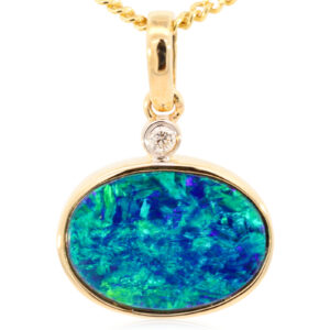 Yellow Gold Blue Green Doublet Opal and Diamond Pendant