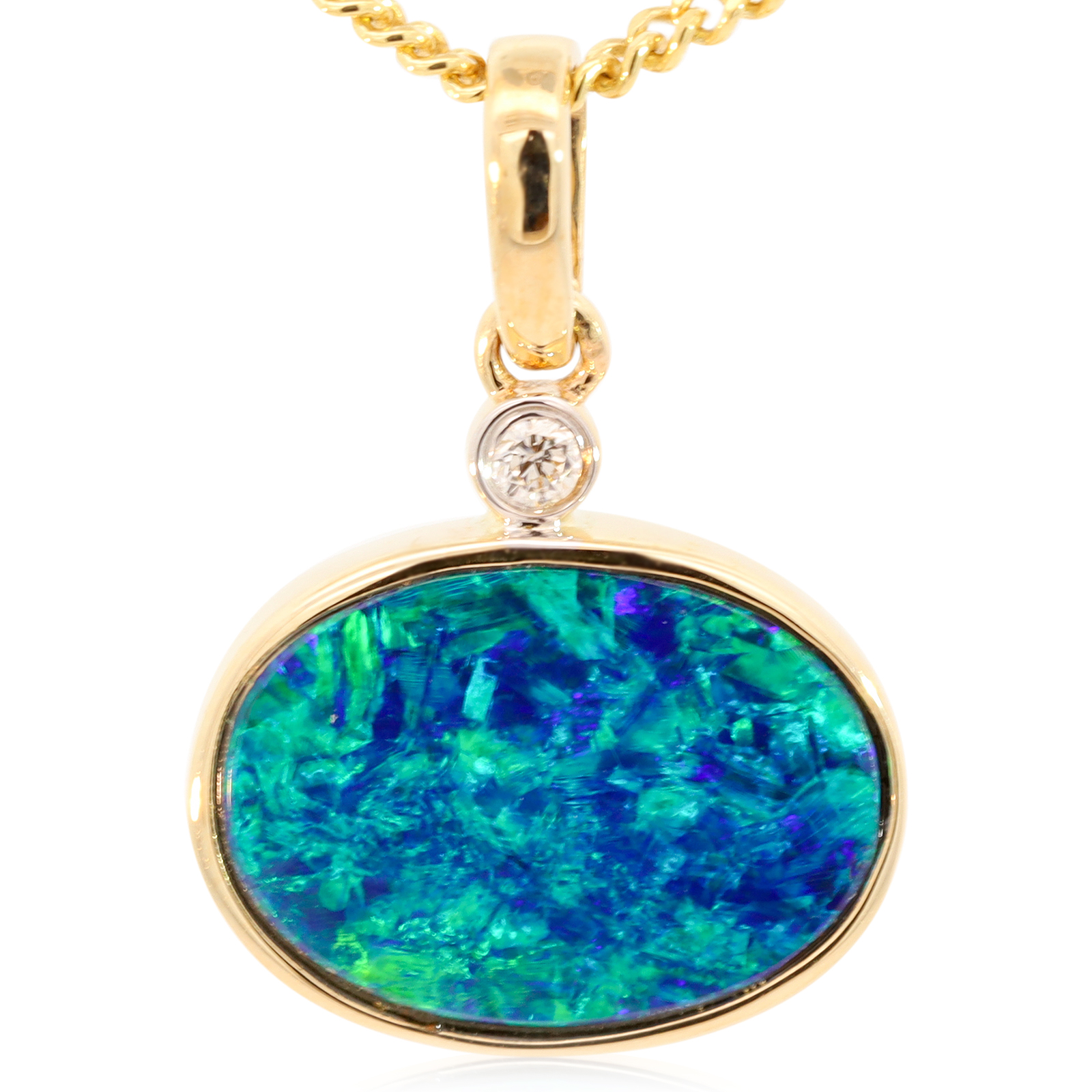 Yellow Gold Blue Green Doublet Opal and Diamond Pendant