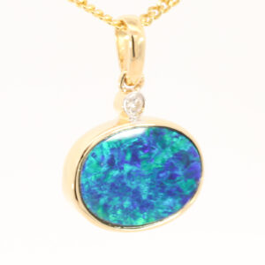 Yellow Gold Blue Green Doublet Opal and Diamond Pendant