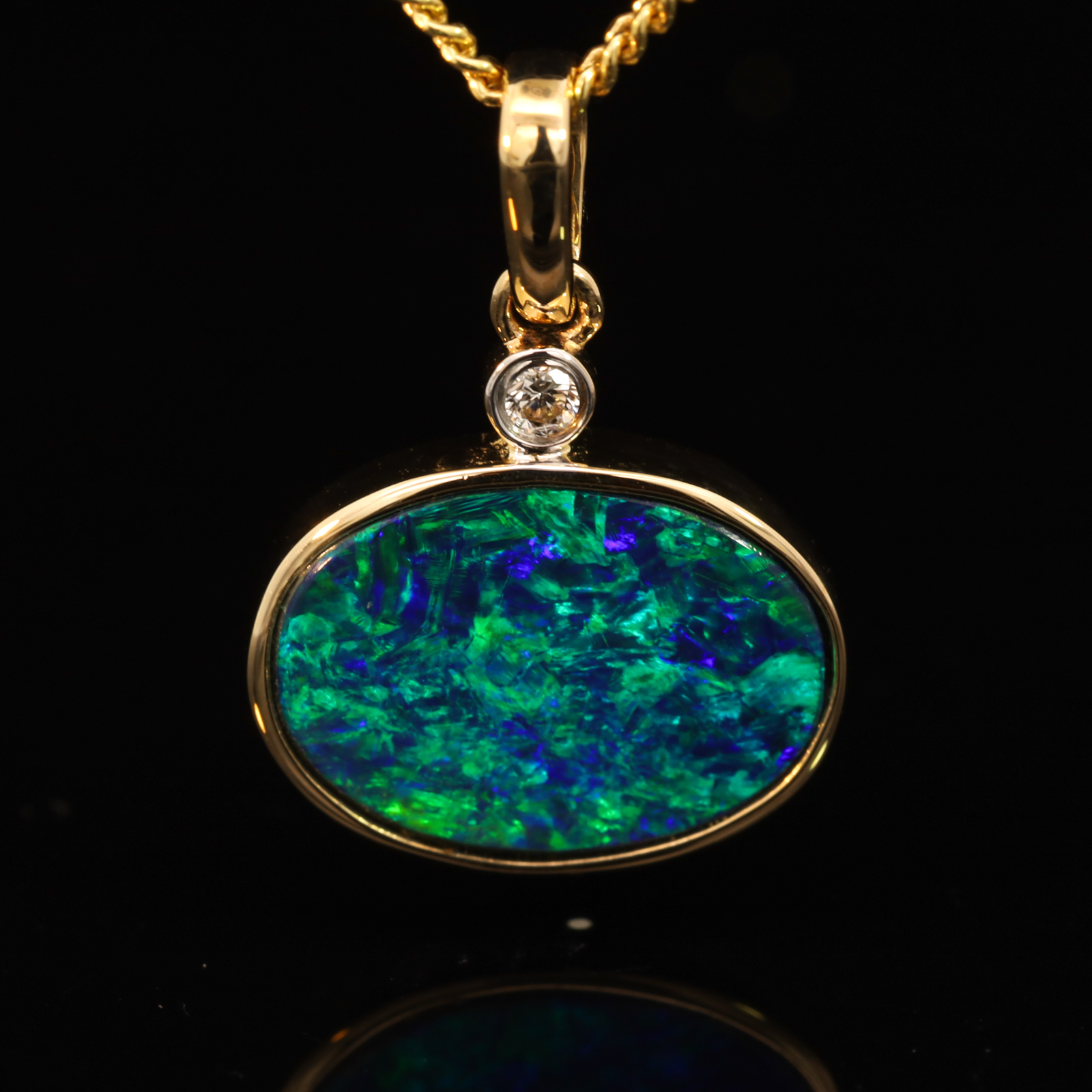 Yellow Gold Blue Green Doublet Opal and Diamond Pendant