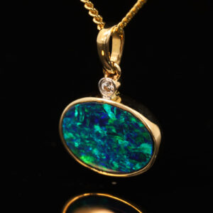 Yellow Gold Blue Green Doublet Opal and Diamond Pendant