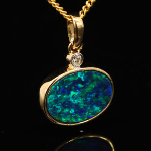 Yellow Gold Blue Green Doublet Opal and Diamond Pendant