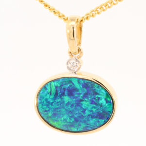 Yellow Gold Blue Green Doublet Opal and Diamond Pendant