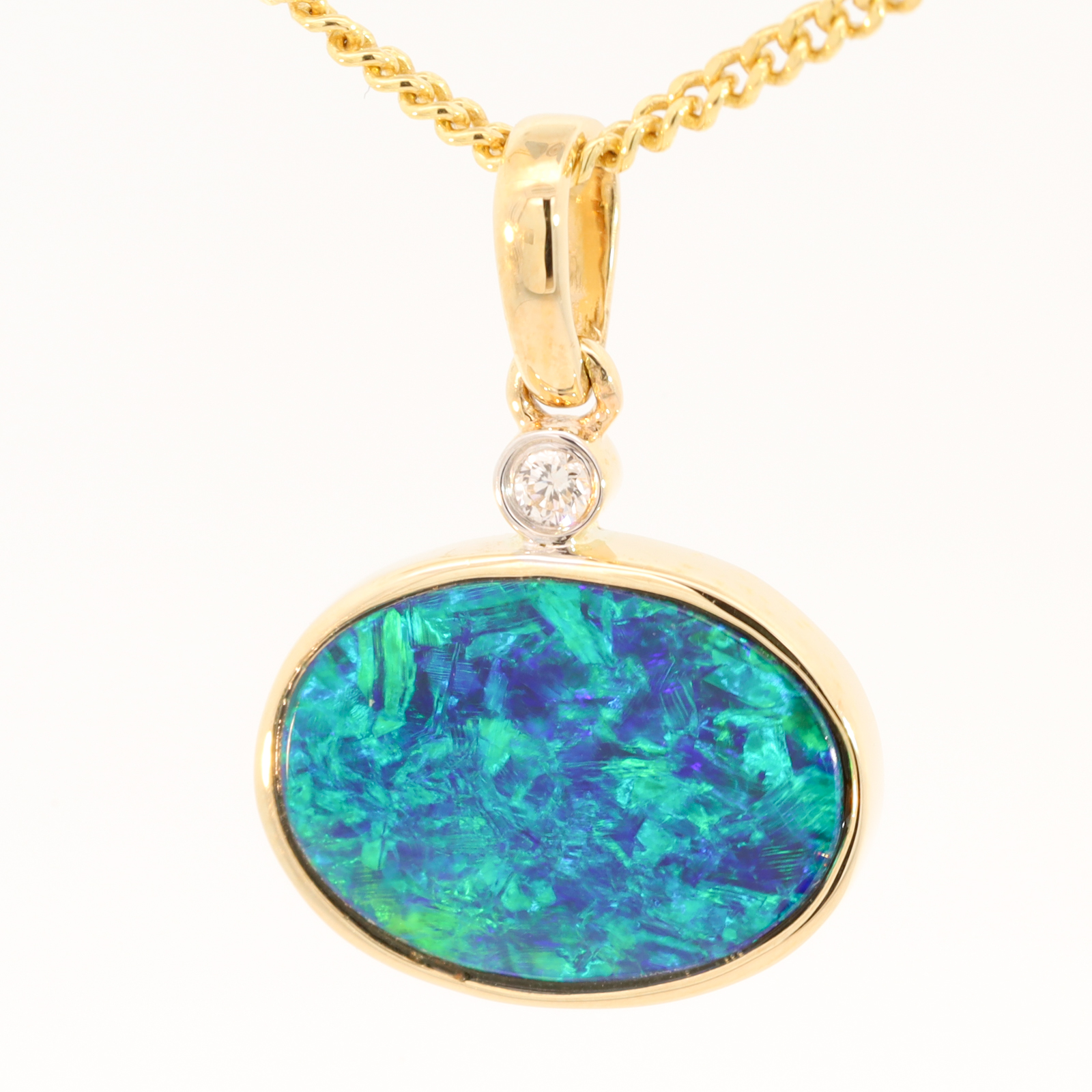 Yellow Gold Blue Green Doublet Opal and Diamond Pendant