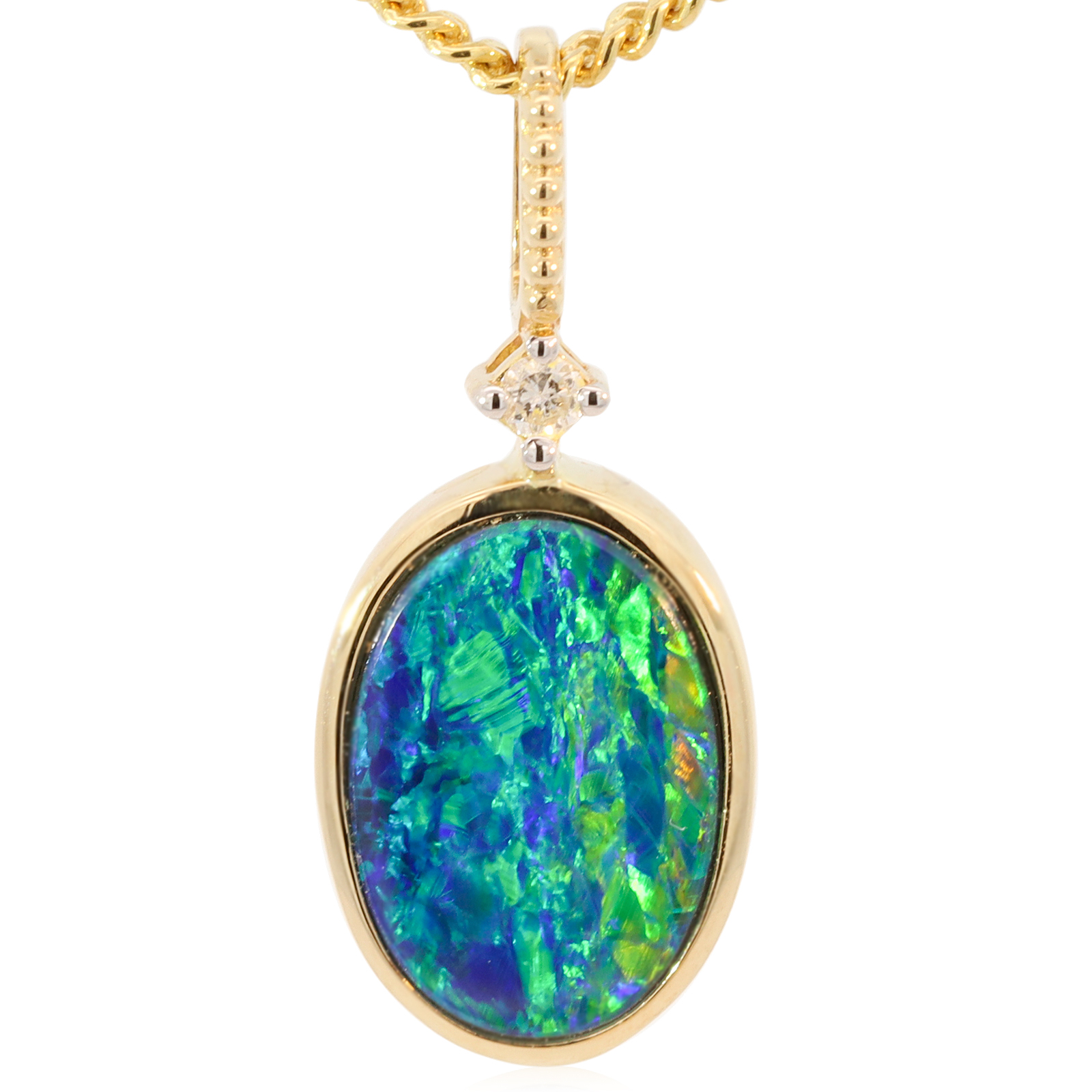 Yellow Gold Blue Green Yellow Orange Doublet Opal and Diamond Pendant