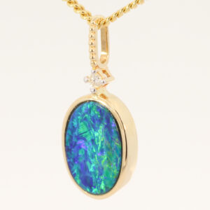 Yellow Gold Blue Green Yellow Orange Doublet Opal and Diamond Pendant