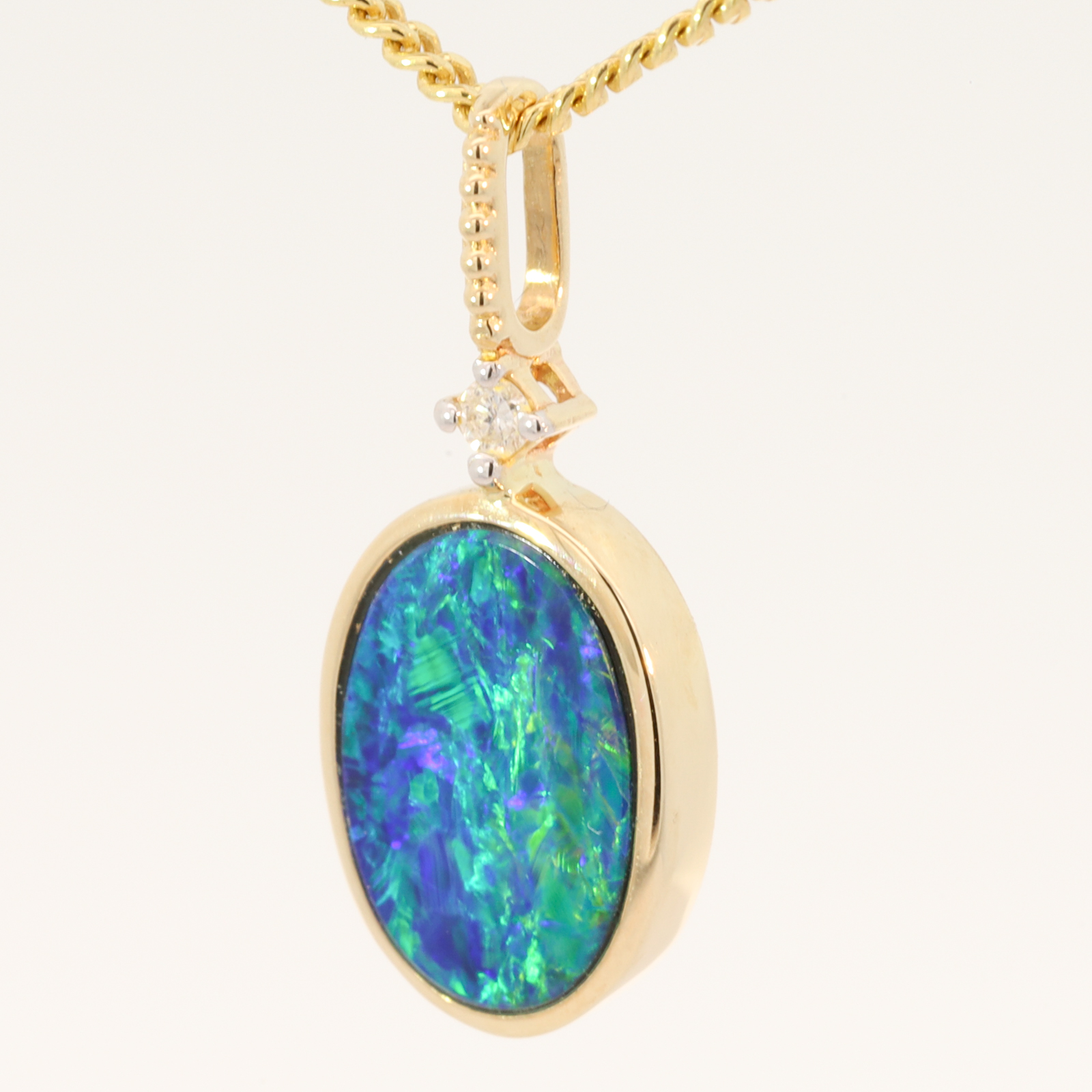 Yellow Gold Blue Green Yellow Orange Doublet Opal and Diamond Pendant