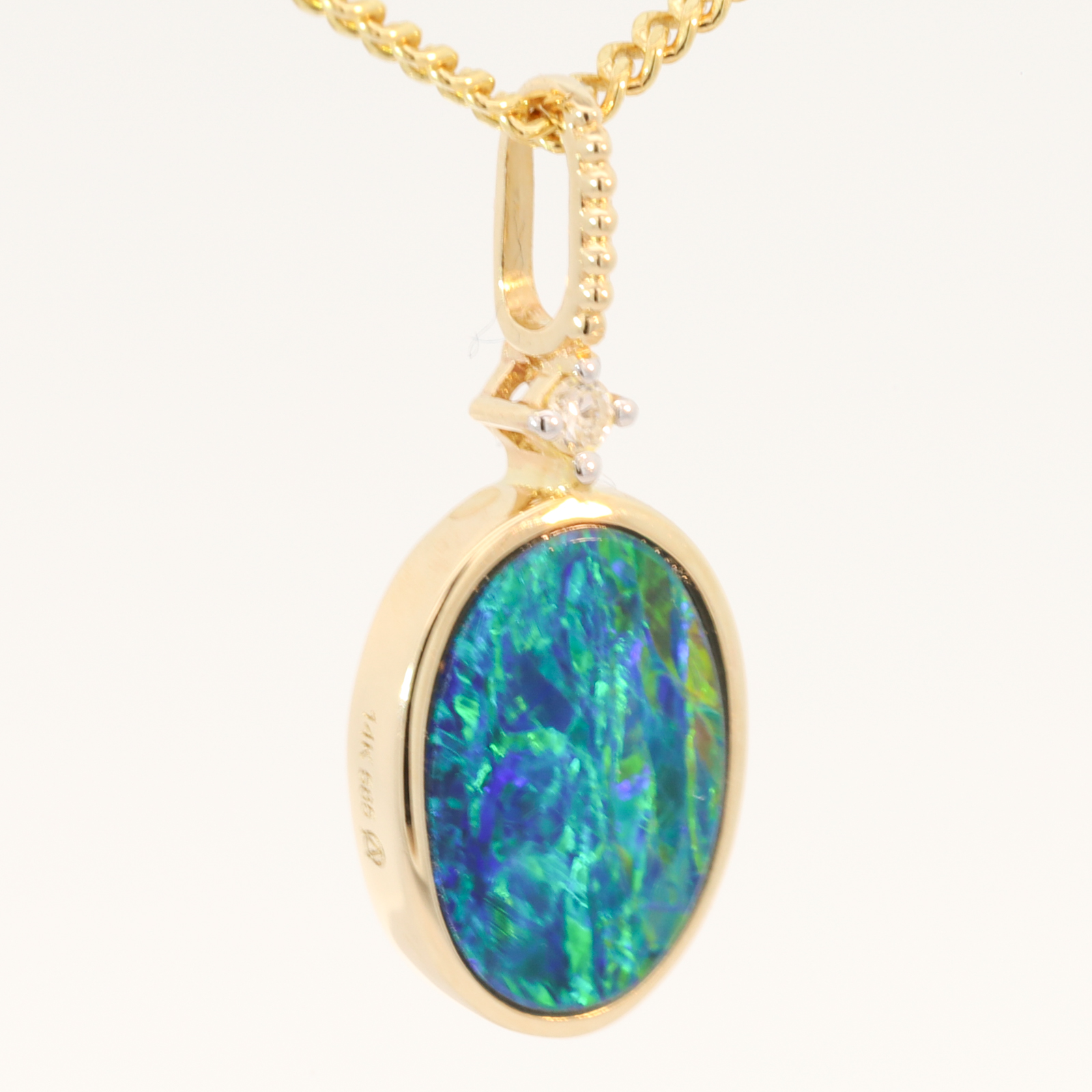 Yellow Gold Blue Green Yellow Orange Doublet Opal and Diamond Pendant