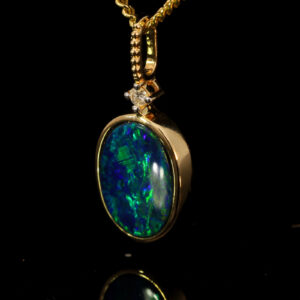 Yellow Gold Blue Green Yellow Orange Doublet Opal and Diamond Pendant