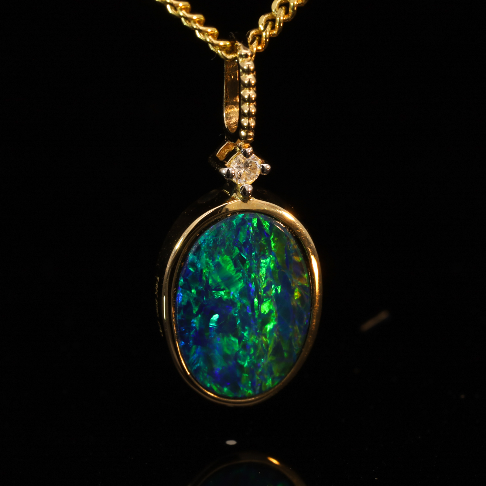 Yellow Gold Blue Green Yellow Orange Doublet Opal and Diamond Pendant