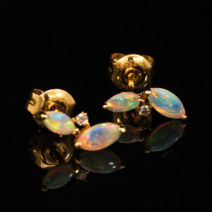 Yellow Gold Blue Green Yellow Orange Pink Crystal Opal and Diamond Earrings