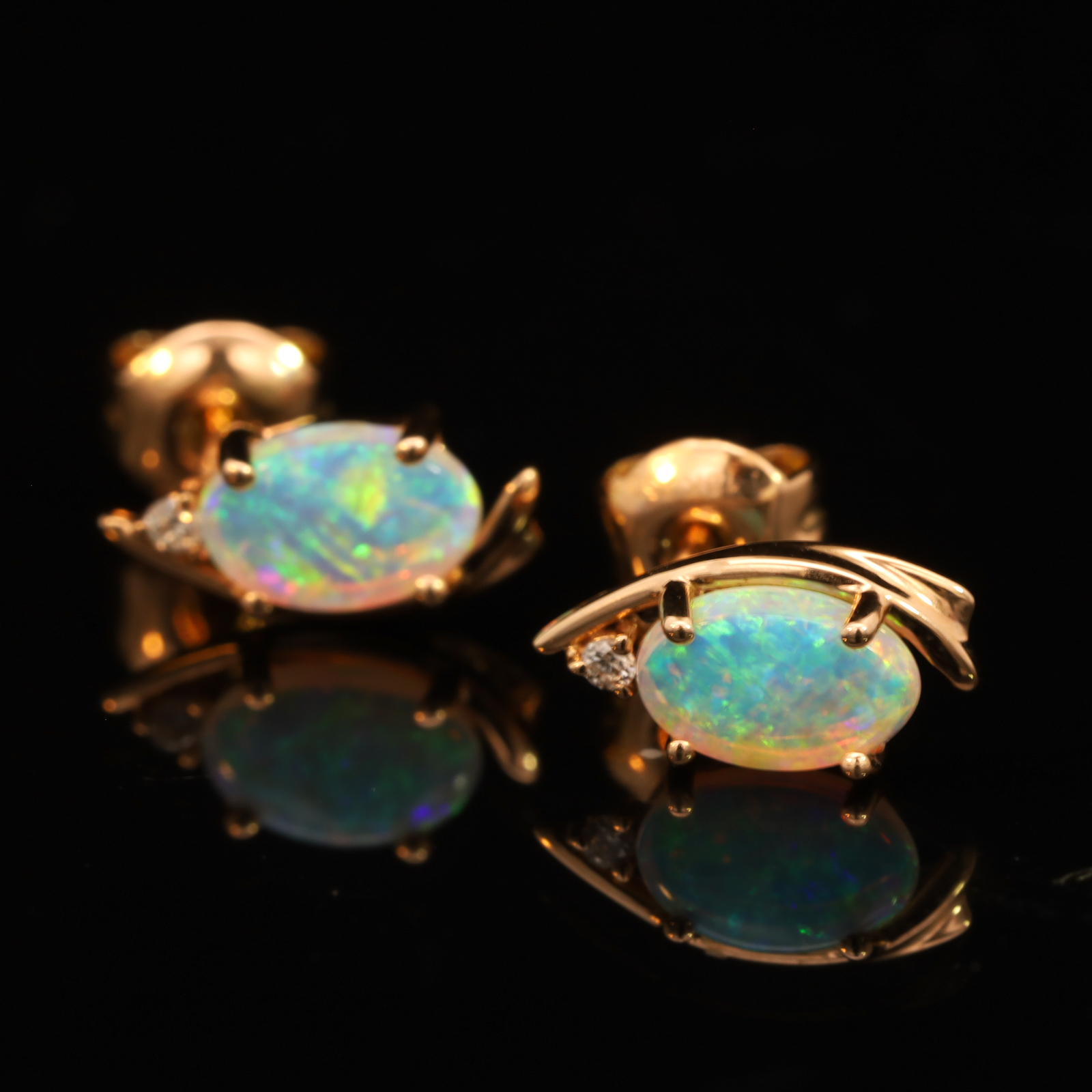 Rose Gold Blue Green Crystal Opal and Diamond Earrings