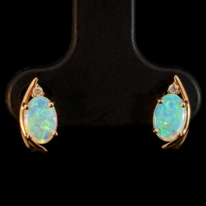 Rose Gold Blue Green Crystal Opal and Diamond Earrings