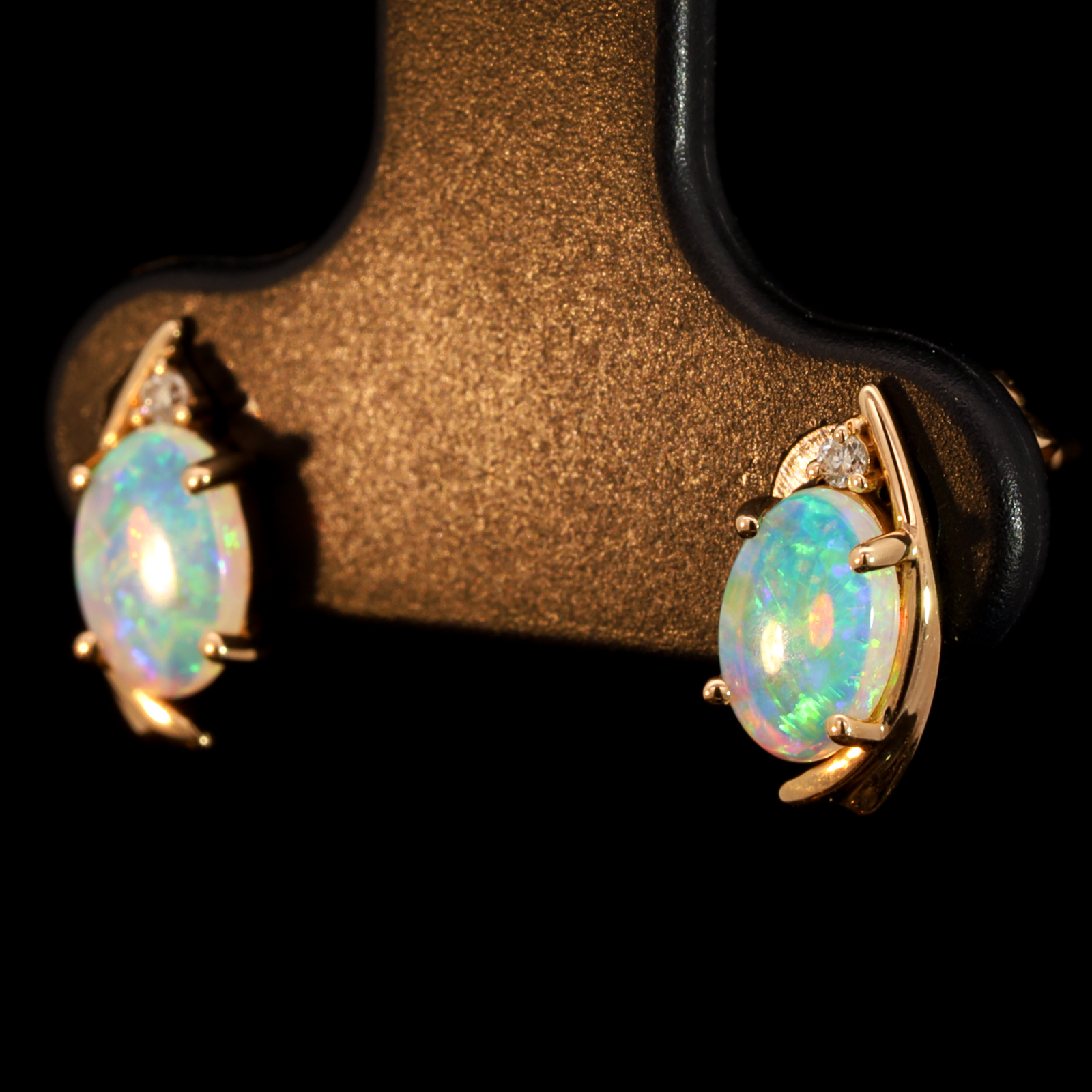 Rose Gold Blue Green Crystal Opal and Diamond Earrings