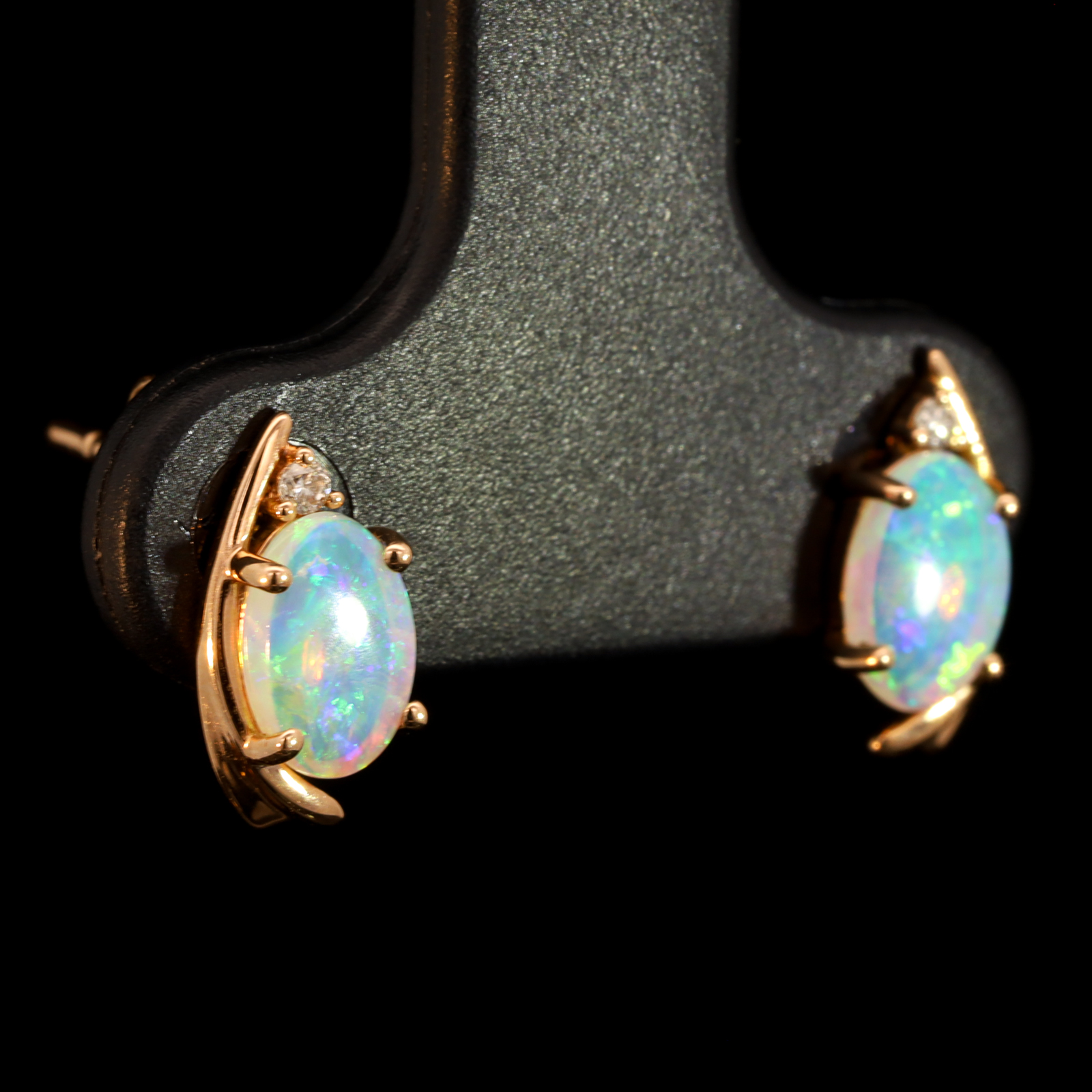 Rose Gold Blue Green Crystal Opal and Diamond Earrings
