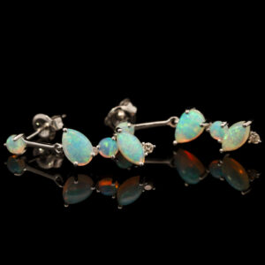 White Gold Blue Green Crystal Opal and Diamond Earrings