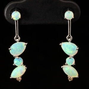 White Gold Blue Green Crystal Opal and Diamond Earrings