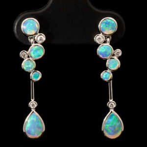 White Gold Blue Green Crystal Opal and Diamond Earrings