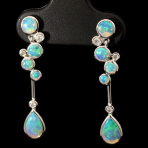 White Gold Blue Green Crystal Opal and Diamond Earrings