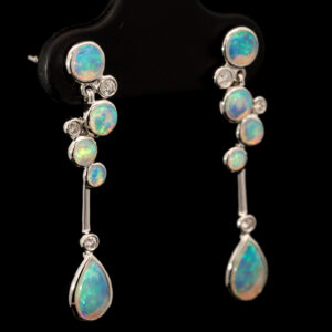 White Gold Blue Green Crystal Opal and Diamond Earrings