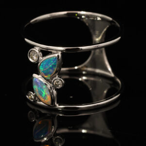 White Gold Blue Green Crystal Opal and Diamond Ring