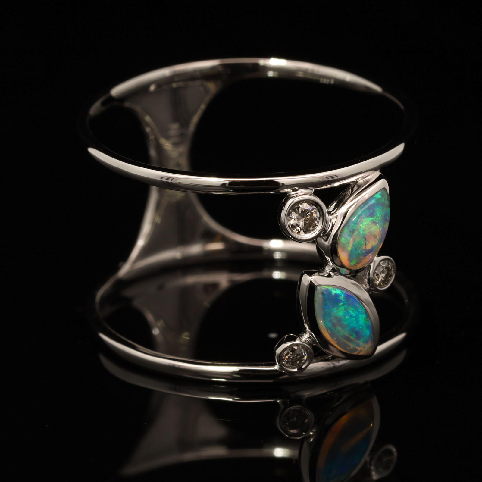 White Gold Blue Green Crystal Opal and Diamond Ring