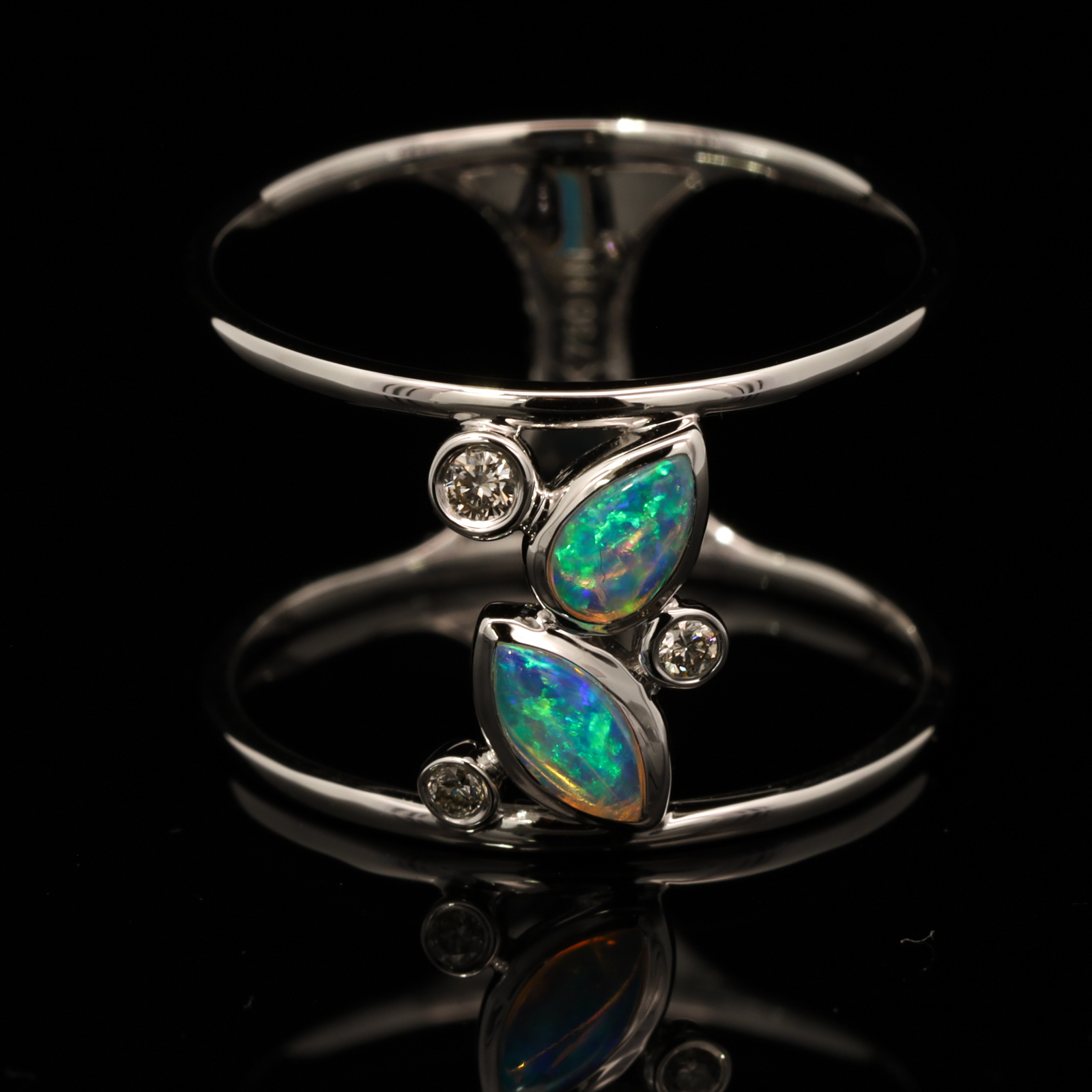 White Gold Blue Green Crystal Opal and Diamond Ring