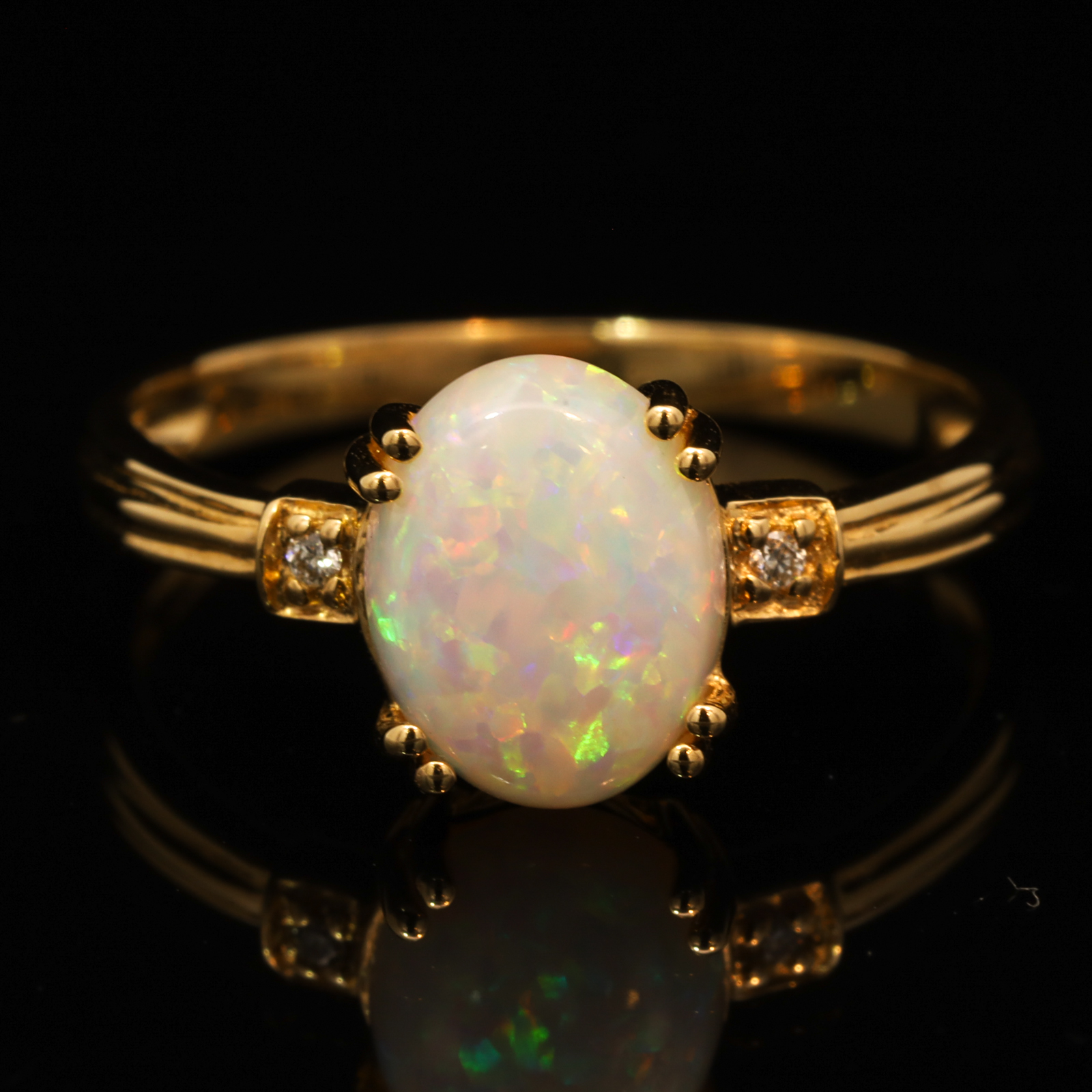 Yellow Gold Green Yellow Orange White Crystal Opal and Diamond Ring