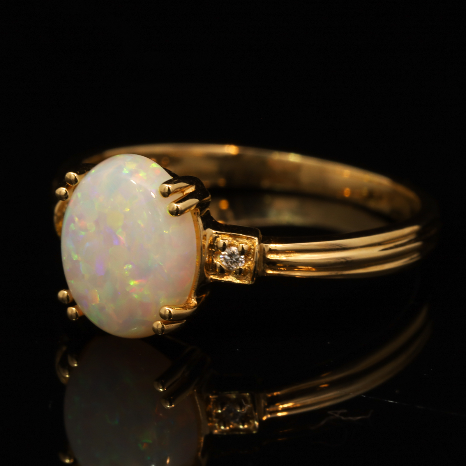 Yellow Gold Green Yellow Orange White Crystal Opal and Diamond Ring