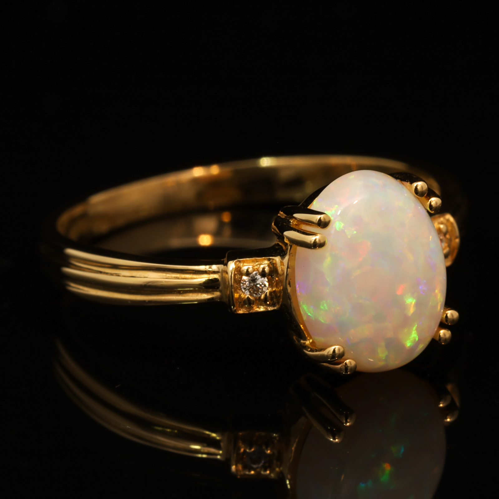 Yellow Gold Green Yellow Orange White Crystal Opal and Diamond Ring