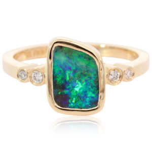Yellow Gold Blue Green Boulder Opal and Diamond Ring