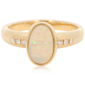 Yellow Gold Blue Green Yellow Orange Crystal Opal and Diamond Ring