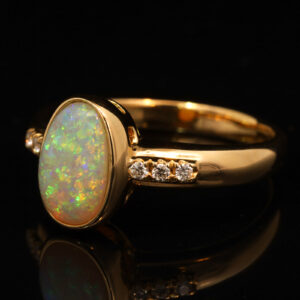 Yellow Gold Blue Green Yellow Orange Crystal Opal and Diamond Ring