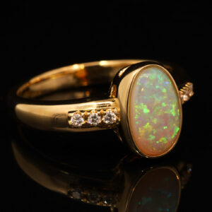 Yellow Gold Blue Green Yellow Orange Crystal Opal and Diamond Ring