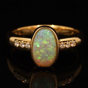 Yellow Gold Blue Green Yellow Orange Crystal Opal and Diamond Ring