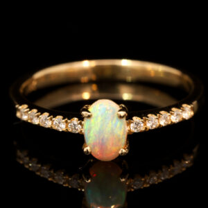 Yellow Gold Blue Green Yellow Orange Crystal Opal and Diamond Ring