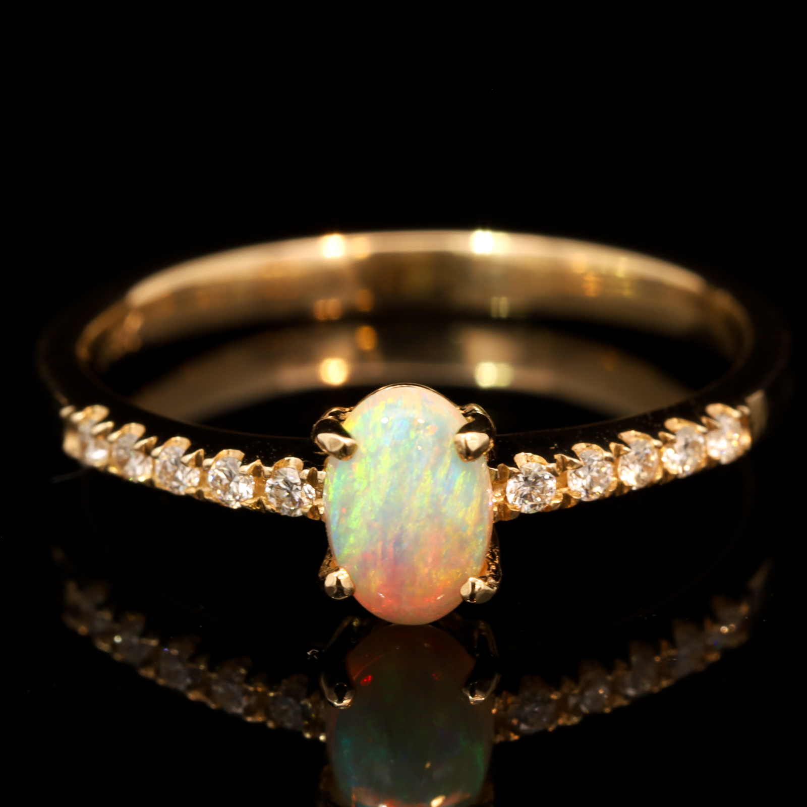 Yellow Gold Blue Green Yellow Orange Crystal Opal and Diamond Ring