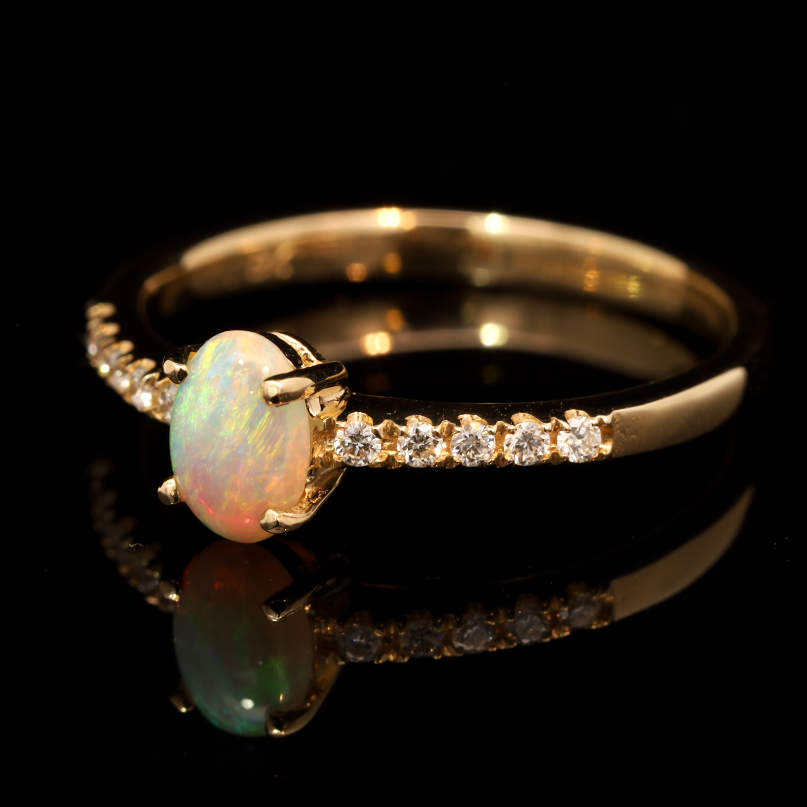 Yellow Gold Blue Green Yellow Orange Crystal Opal and Diamond Ring