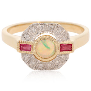 Yellow Gold Blue Green Crystal Opal Ruby and Diamond Ring