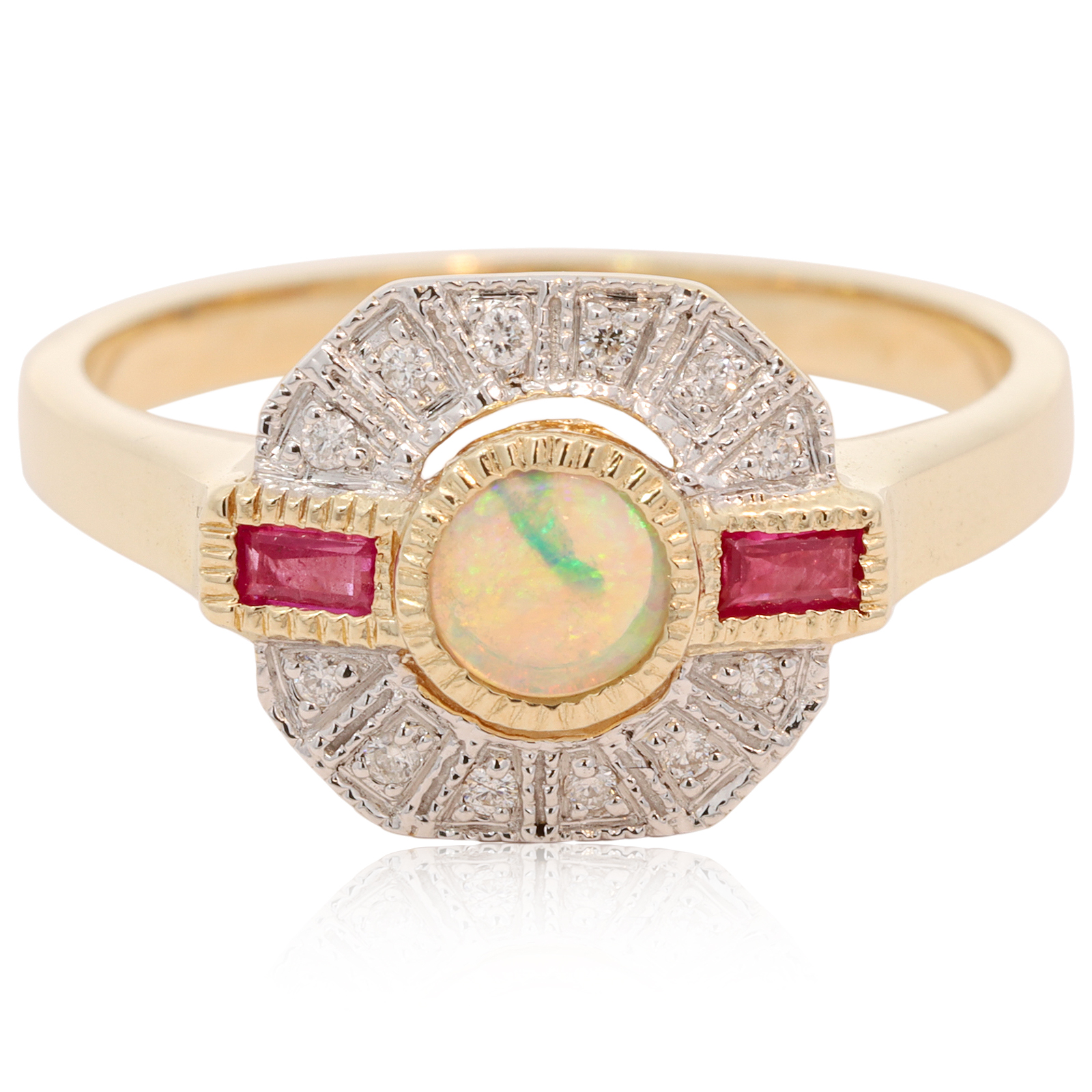 Yellow Gold Blue Green Crystal Opal Ruby and Diamond Ring