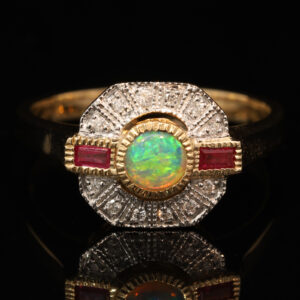Yellow Gold Blue Green Crystal Opal Ruby and Diamond Ring