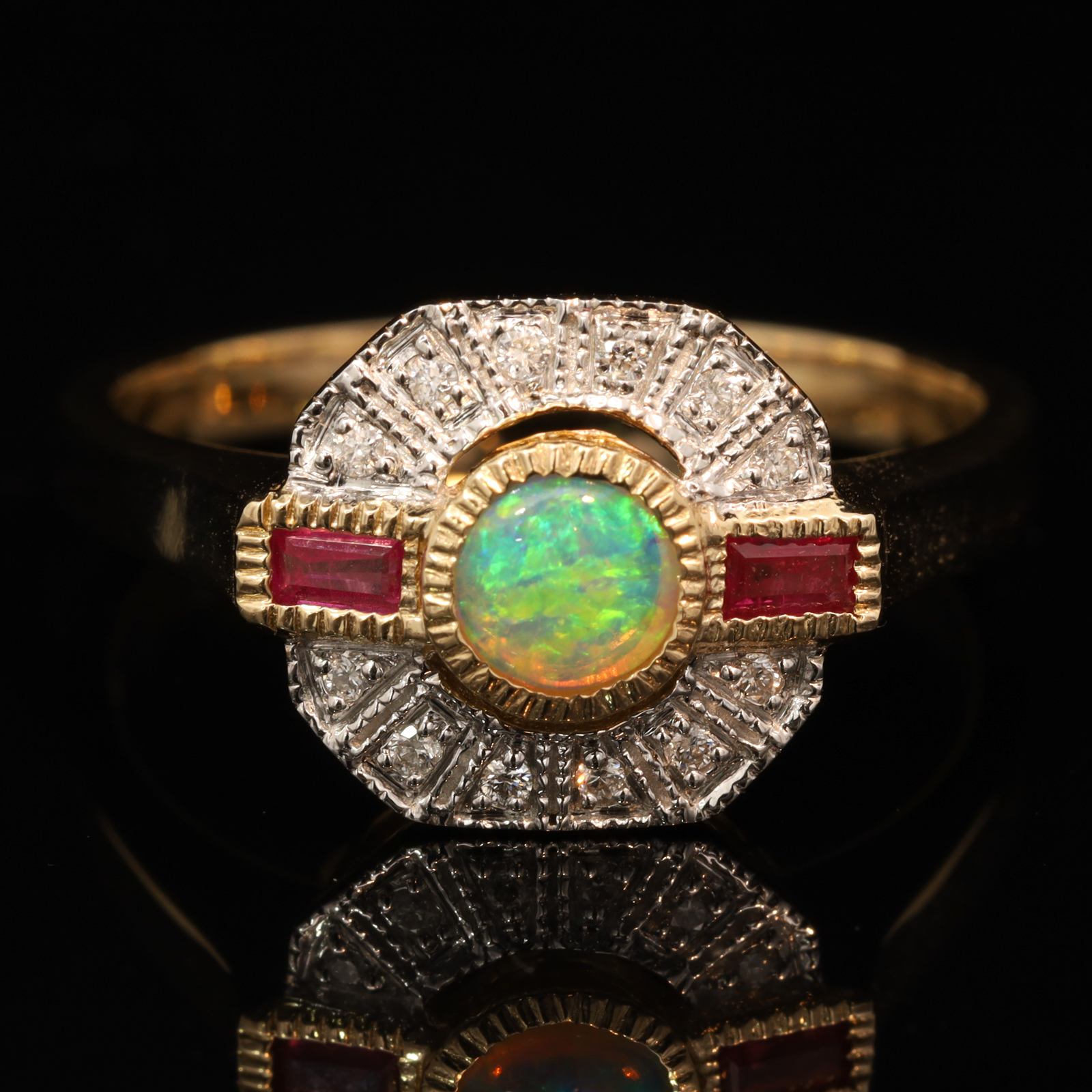Yellow Gold Blue Green Crystal Opal Ruby and Diamond Ring