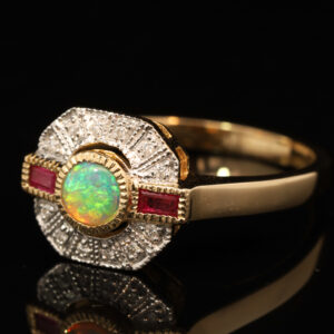 Yellow Gold Blue Green Crystal Opal Ruby and Diamond Ring