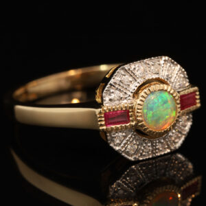 Yellow Gold Blue Green Crystal Opal Ruby and Diamond Ring