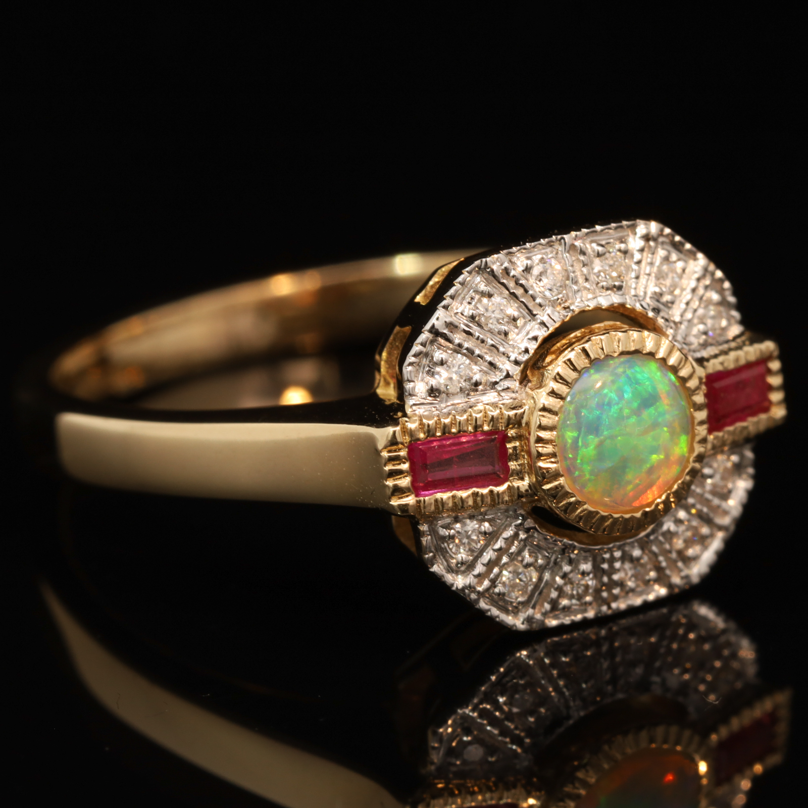 Yellow Gold Blue Green Crystal Opal Ruby and Diamond Ring