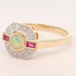 Yellow Gold Blue Green Crystal Opal Ruby and Diamond Ring