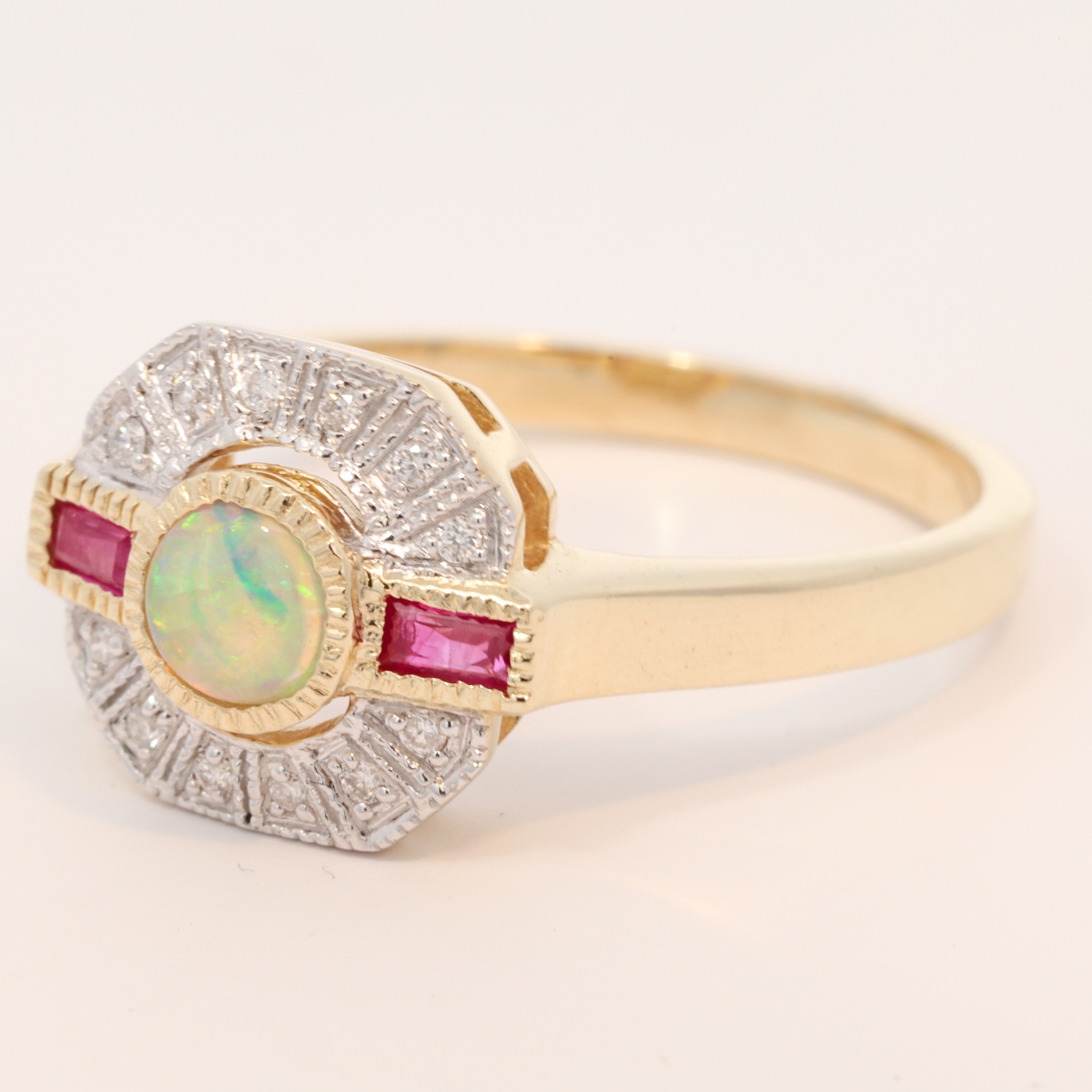 Yellow Gold Blue Green Crystal Opal Ruby and Diamond Ring